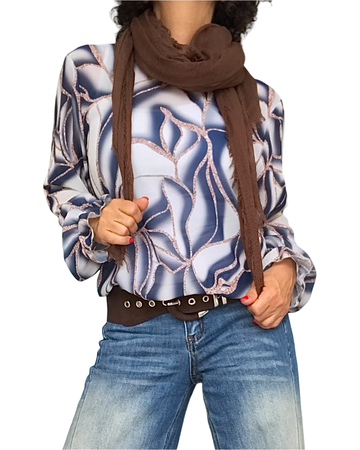 Blouse romantique en voile motif d’Arty crème et marine, manches longues