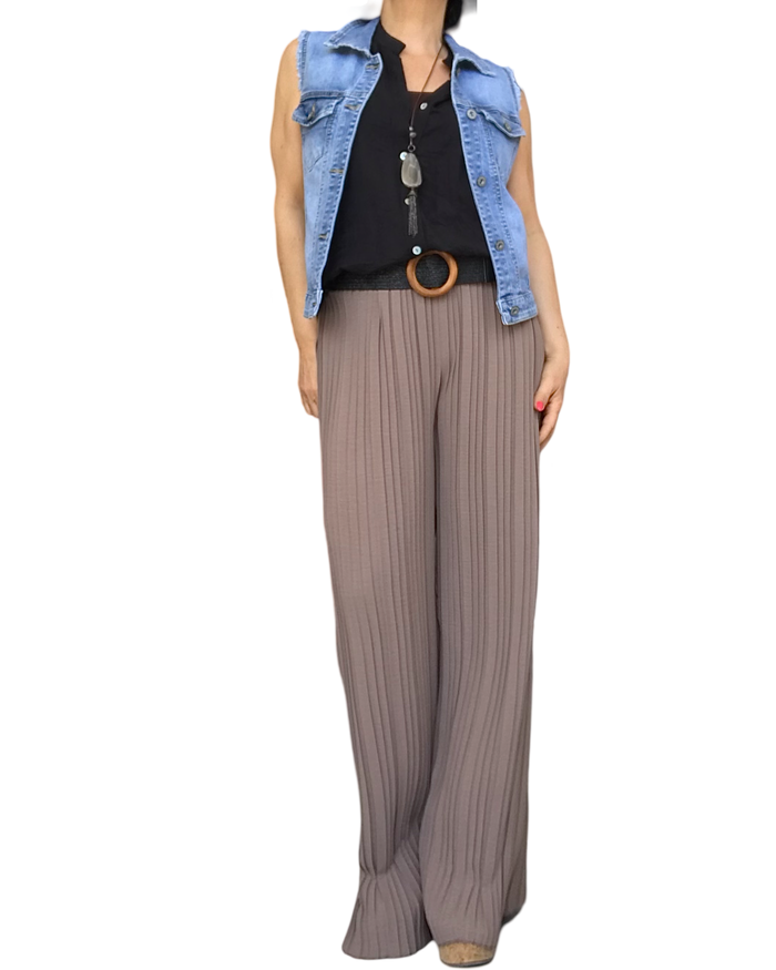 Pantalon palazzo noisette à taille élastique chic