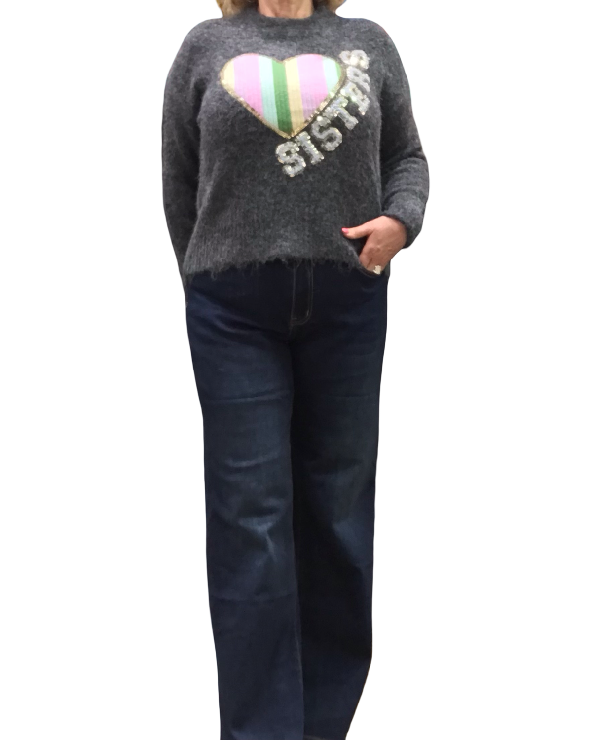 Chandail col montant gris charcoal chiné en tricot avec un appliqué de cœur arc-en-ciel
