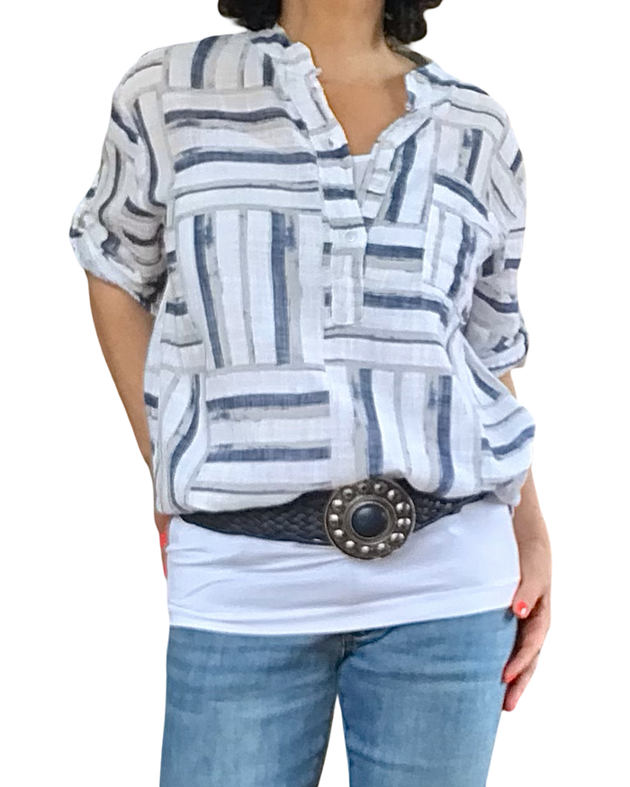 Blouse manche courte, rayures horizontales et verticales blanc, marine, gris pâle