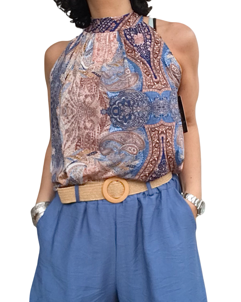 Camisole noué au cou paisley bleu, beige et brun
(Livraison 8 juin)