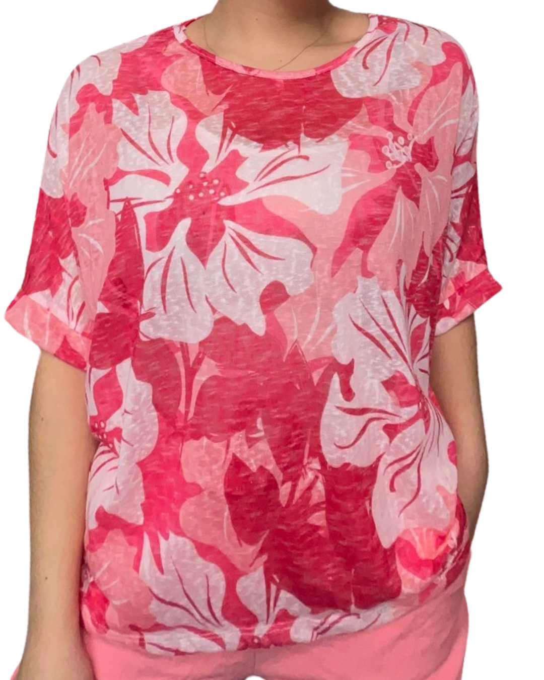 T-shirt femme imprimé de fleurs corail et rose 