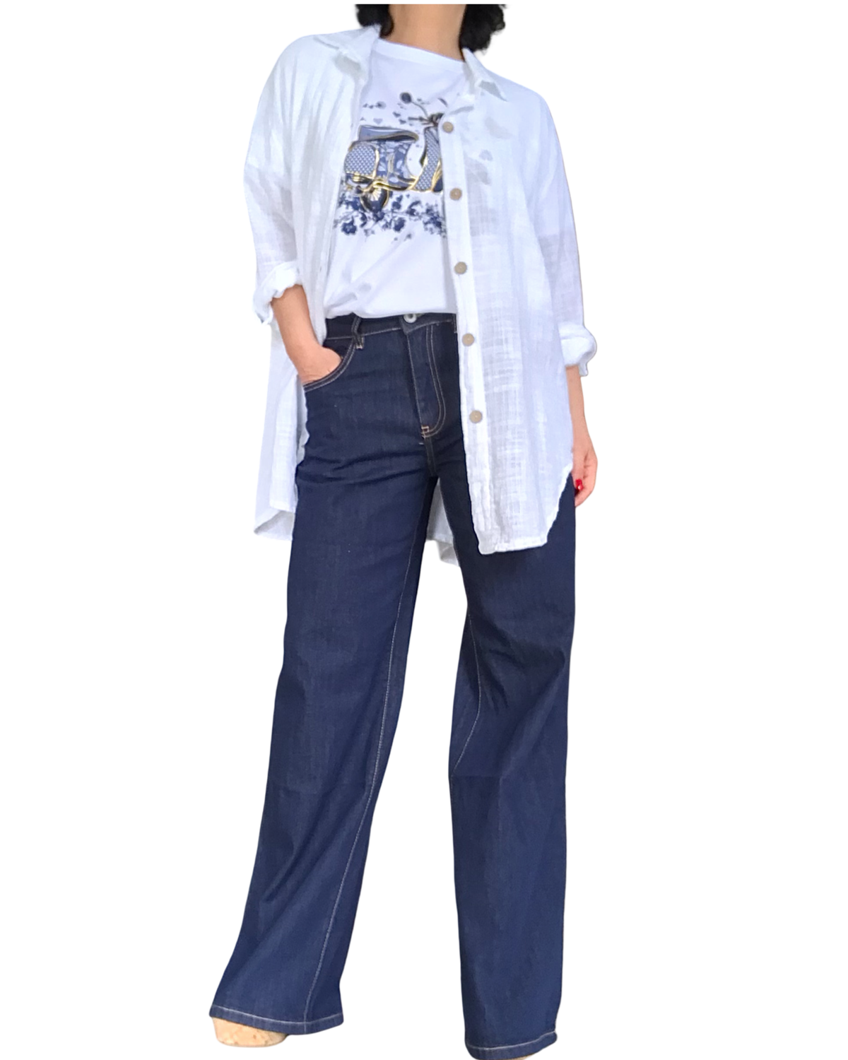 Chemise blanche unie à manche 3/4 col chemise