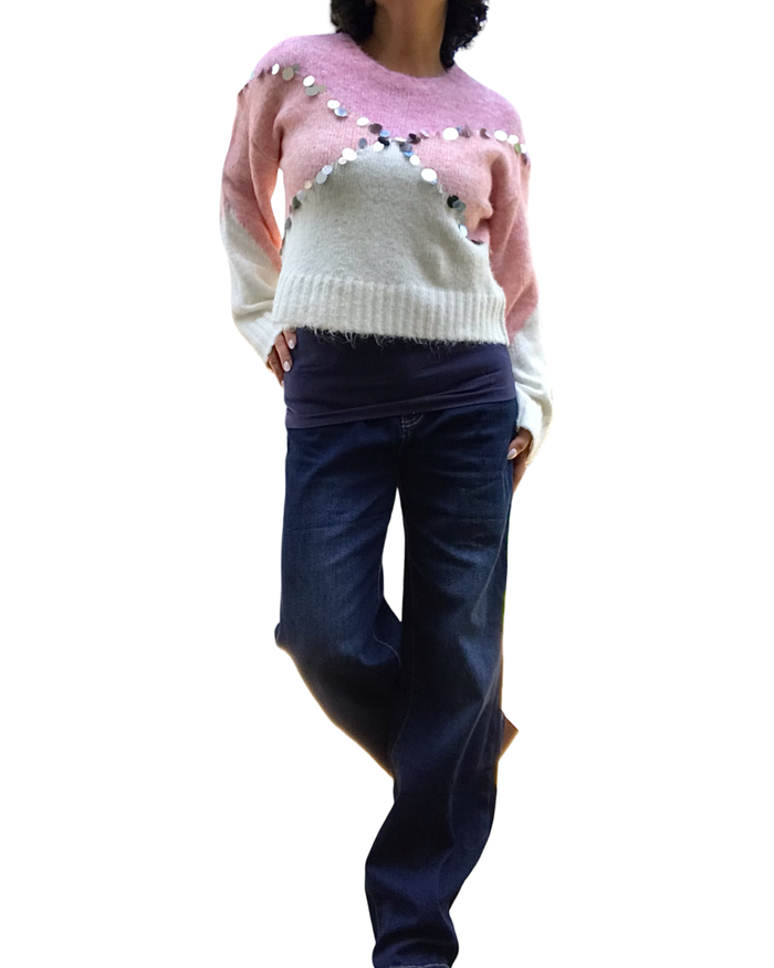 Chandail col rond rose en tricot 3 couleurs avec paillettes argentées croisées devant