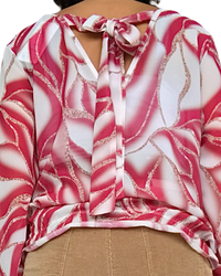 Blouse romantique en voile motif d’Arty crème et bourgogne, manches longues