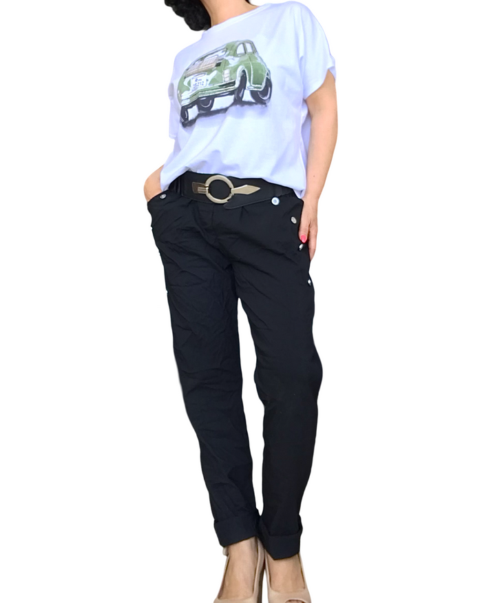 Pantalon noir à taille élastique avec cordon et boutons décoratifs