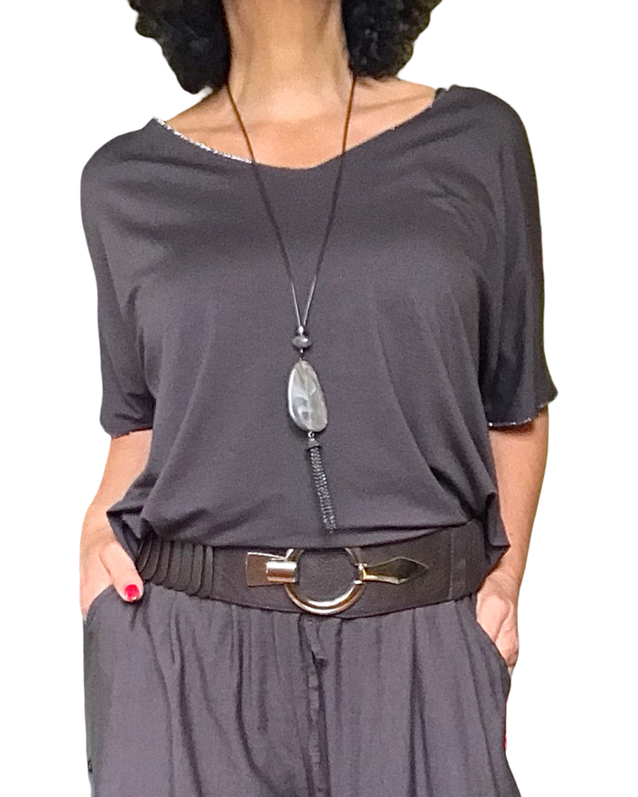 T-shirt uni brun manche courte col en V avec lurex argenté