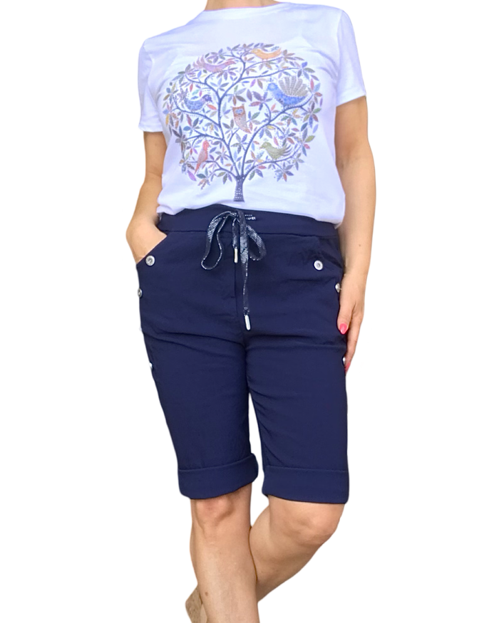 Bermuda bleu marin à taille élastique avec cordon et boutons décoratifs