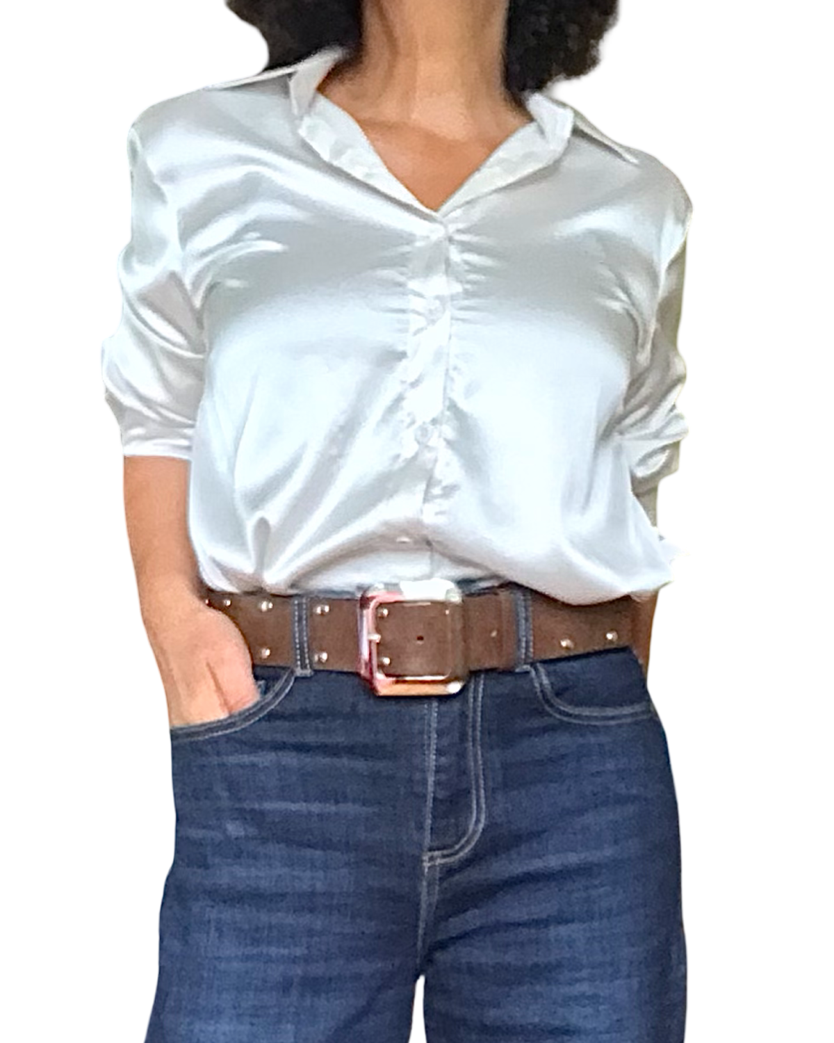 Chemise blanc cassé en satin à manche longue