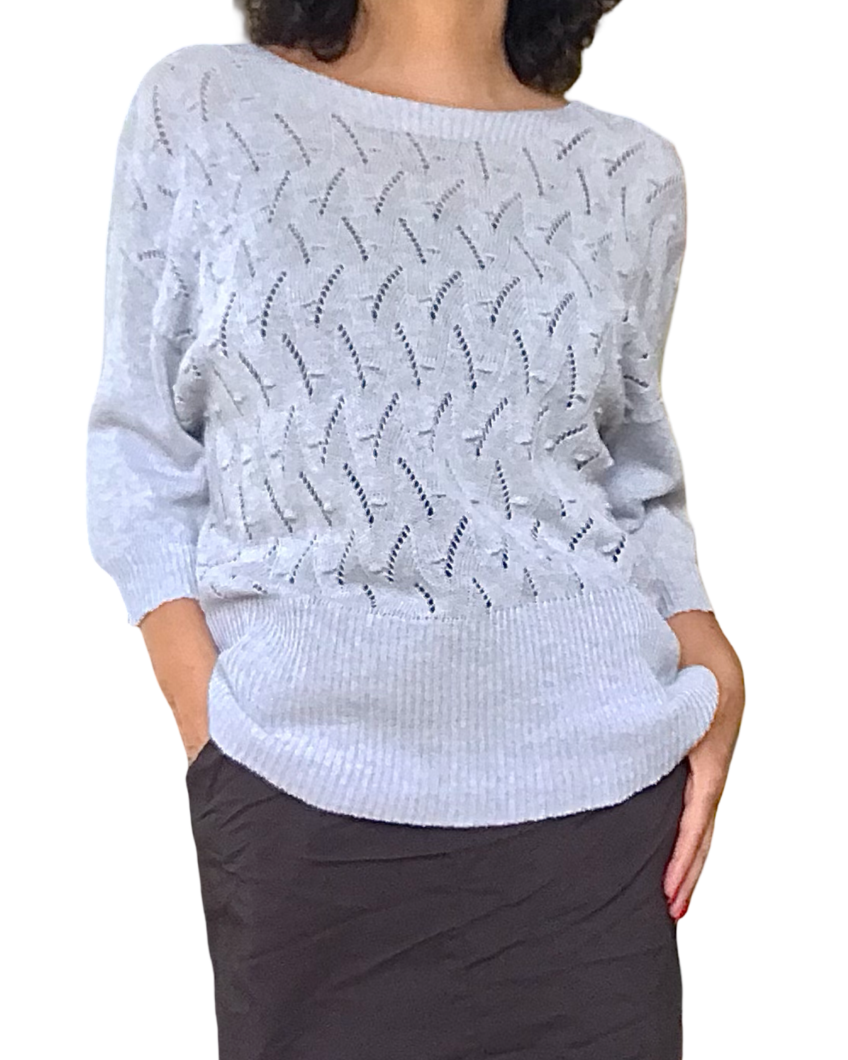 Chandail de tricot gris pâle pointelle, manche 3/4