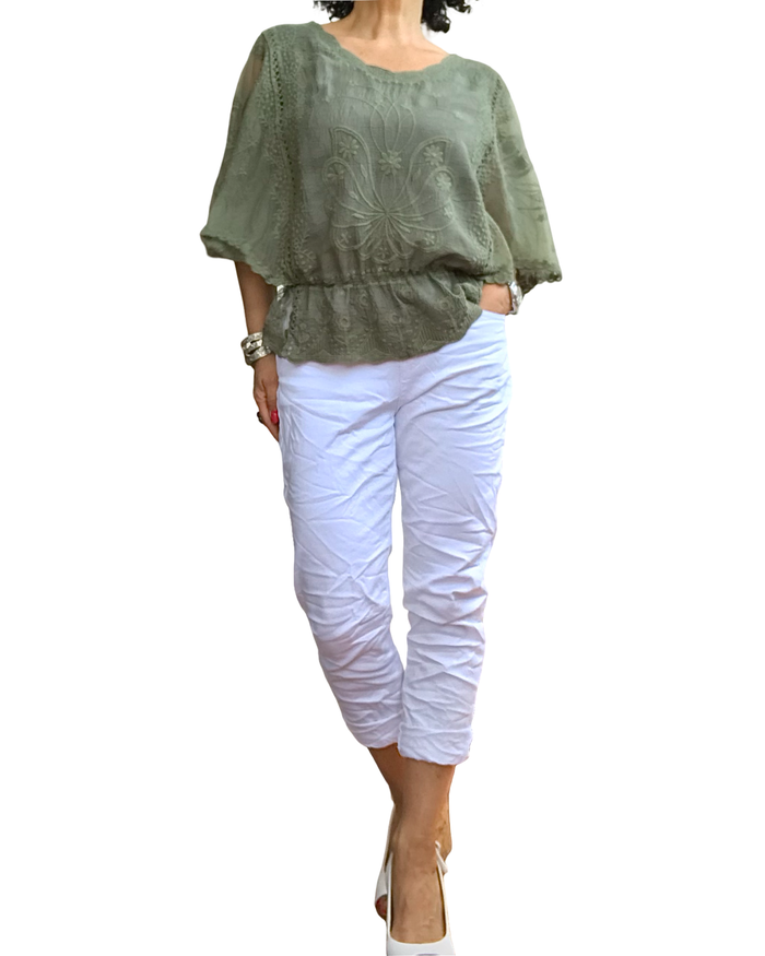 Blouse en voile kaki, dentelle et broderie, élastique à la taille | Livraison 27 Mai
