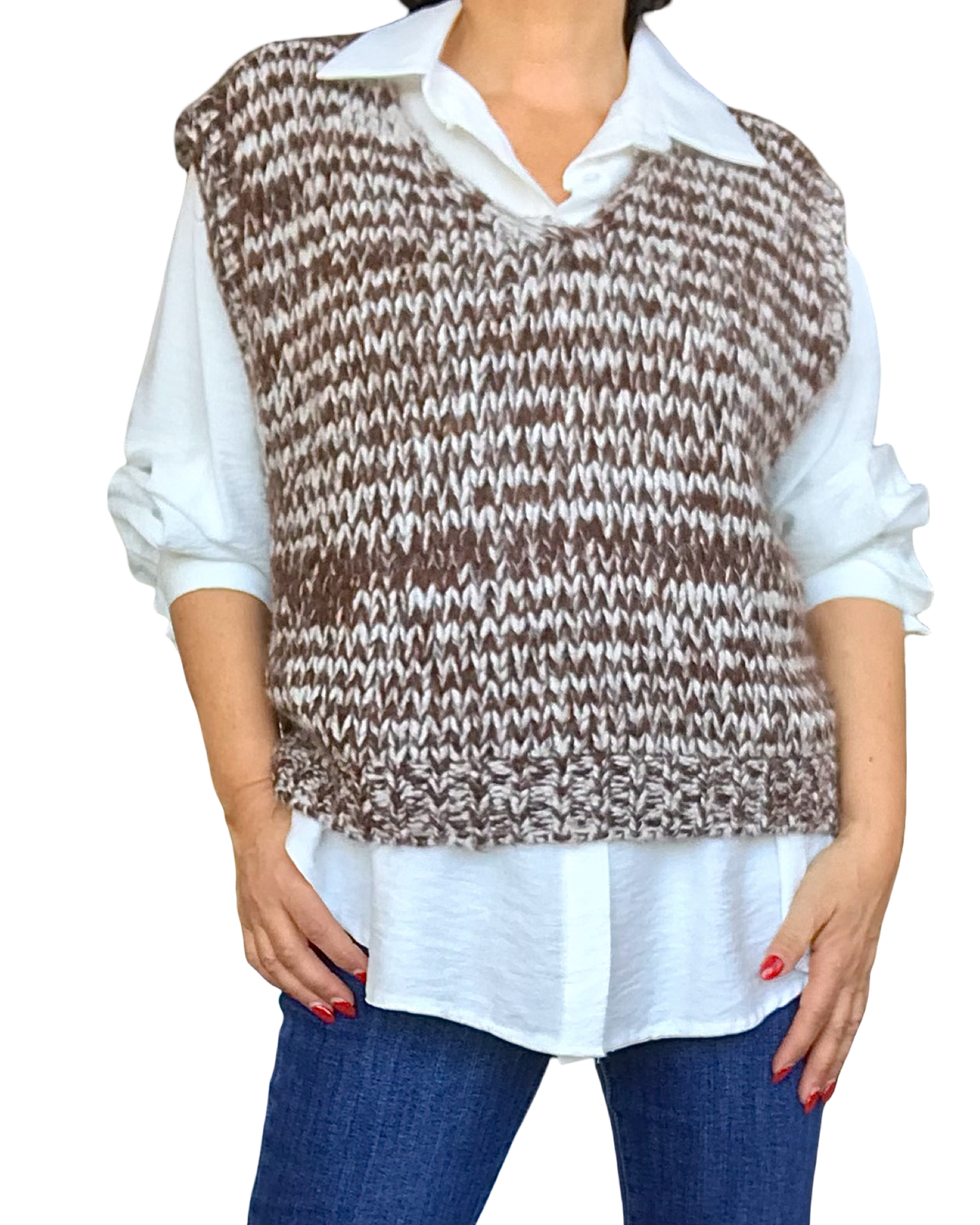 Débardeur en tricot col en V chiné brun et crème