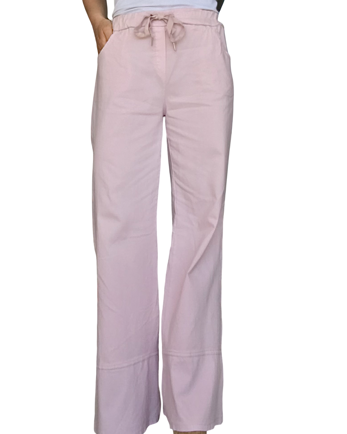 Pantalon jambe droite rose pâle taille élastique avec cordon
