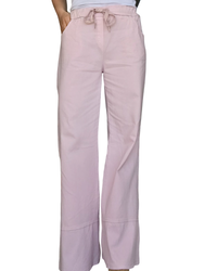 Pantalon jambe droite rose pâle taille élastique avec cordon