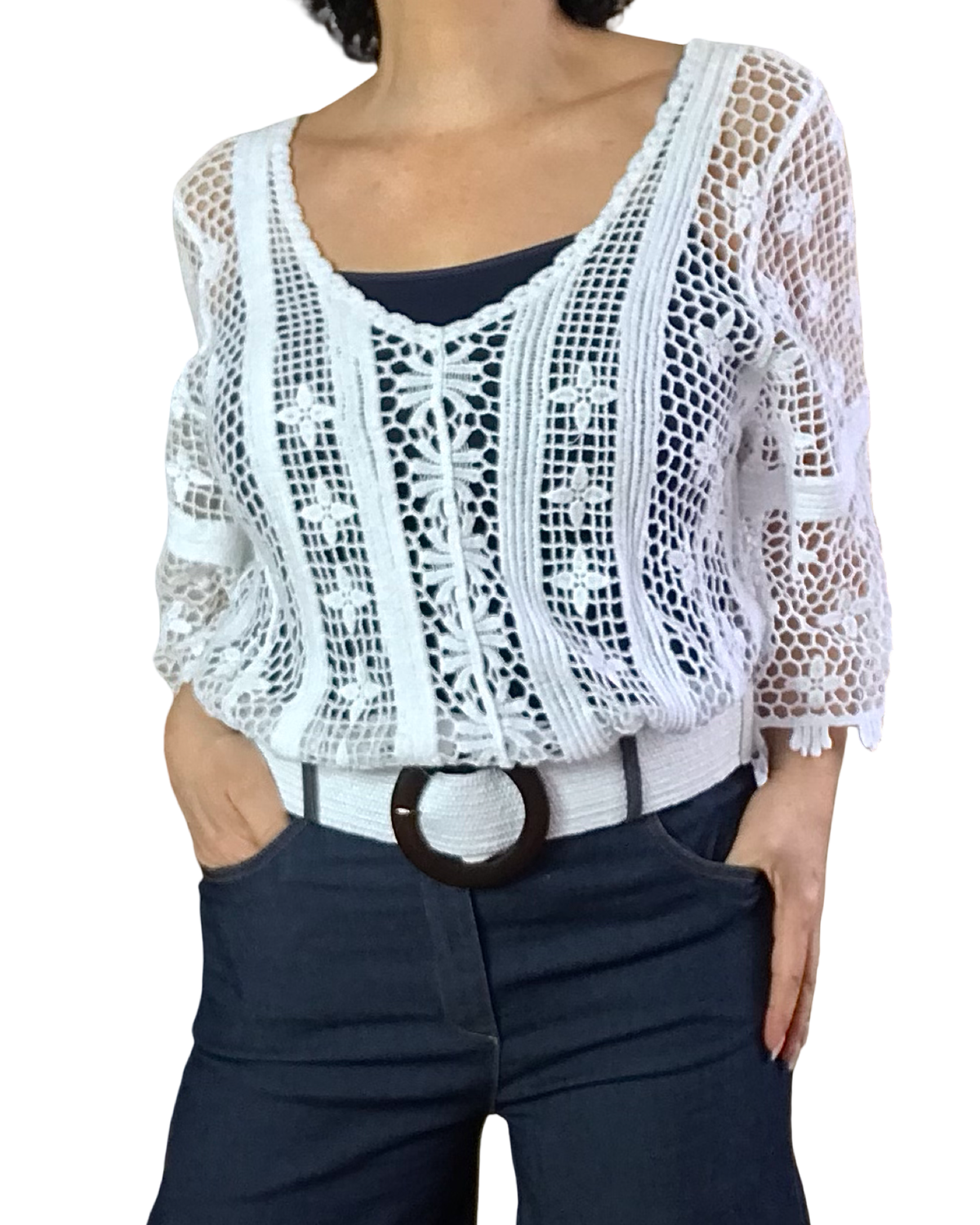 Chandail col en V en crochet blanc, manche 3/4 cloche