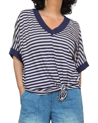 T-shirt rayé beige et marine manche courte col en V