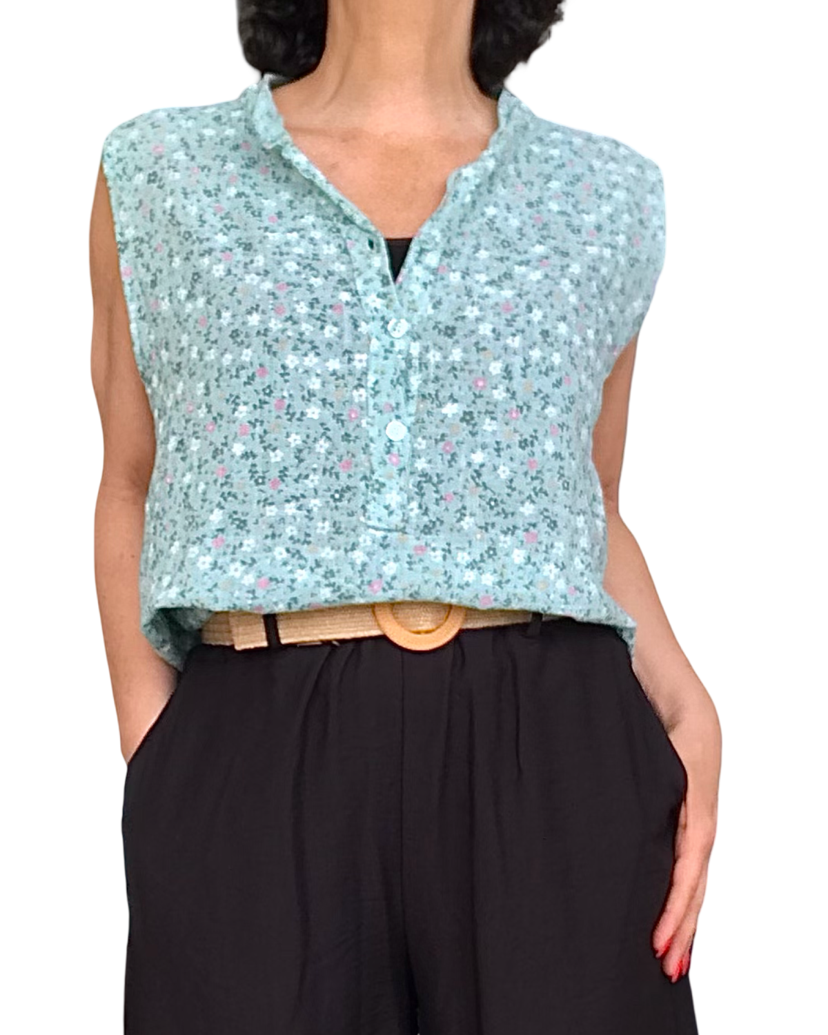 Blouse aqua sans manche petites fleuri rose, blanche et vert forêt