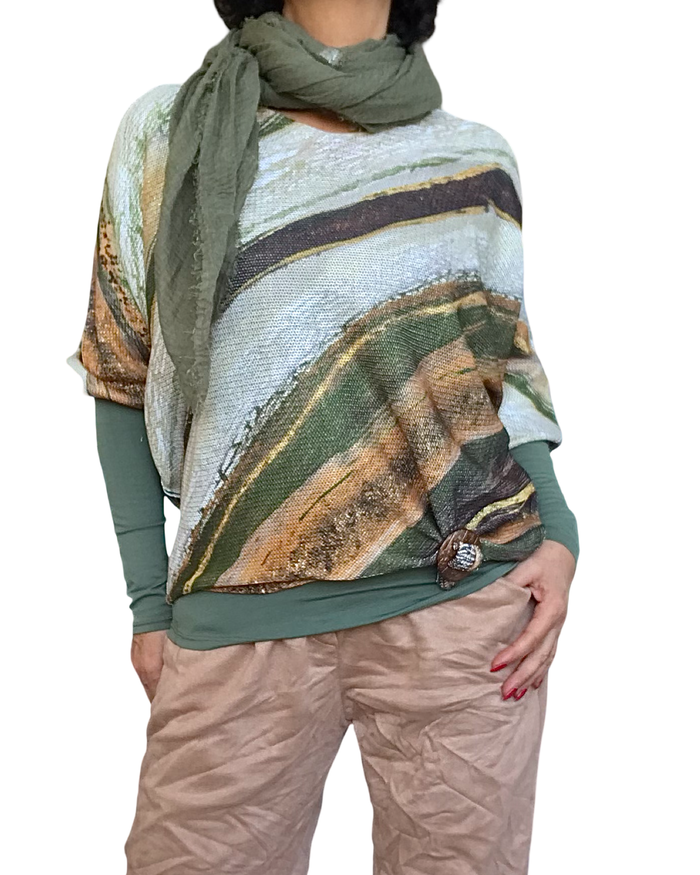 Chandail tricot crème, kaki camel et noir col en V manche chauve-souris