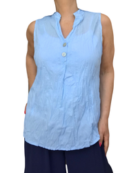 Blouse unie bleu indigo et bleu ciel sans manches col V chic