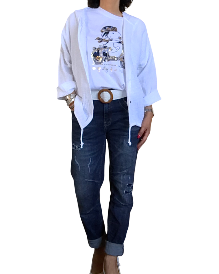 T-shirt blanc avec snoopy en vespa marine et doré | Livraison 27 Mai