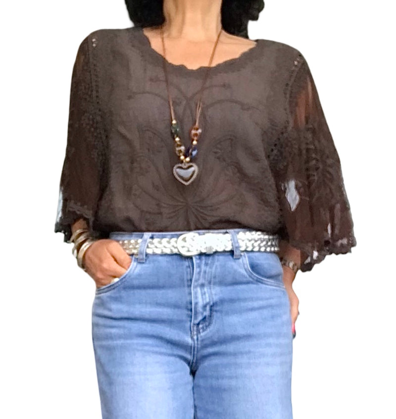 Blouse en voile, dentelle et broderie, élastique à la taille | Livraison 10 mai