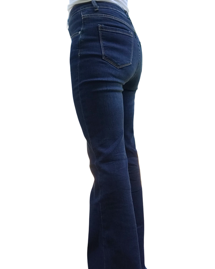 Jeans flare bleu foncé 30 pouces de jambes, frangé au bas