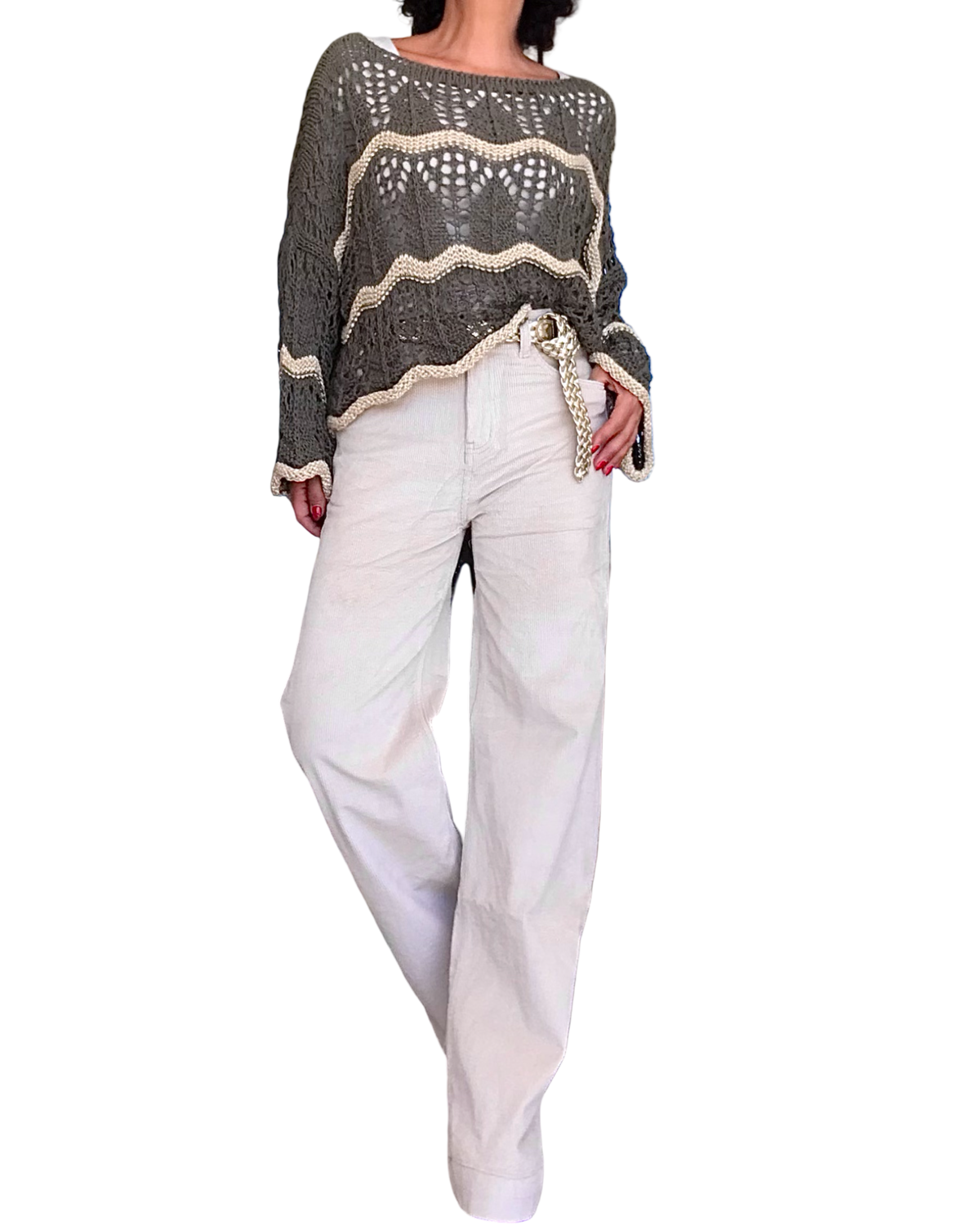 Chandail col rond evasé en crochet kaki à rayures zigzag beige