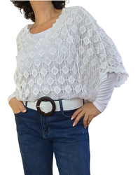 Chandail col en V en crochet losange blanc manche courte