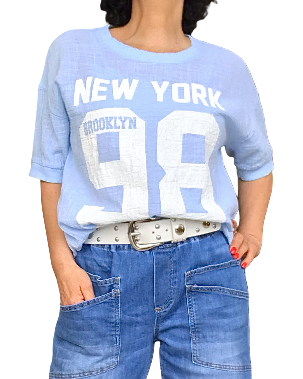 T-shirt uni bleu ciel manche courte col rond « 98 New York»