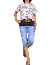 T-shirt col rond cordon au bas fleuri brun et rose