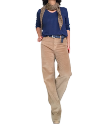 Chandail uni marine en rib col en V manche longue