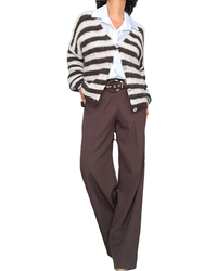 Cardigan rayé blanc et brun en tricot, manche longue