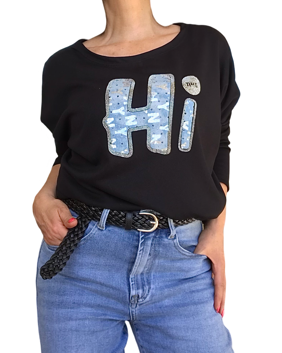 T-shirt manche longue avec un appliqué « HI » noir avec ceinture étroite noire