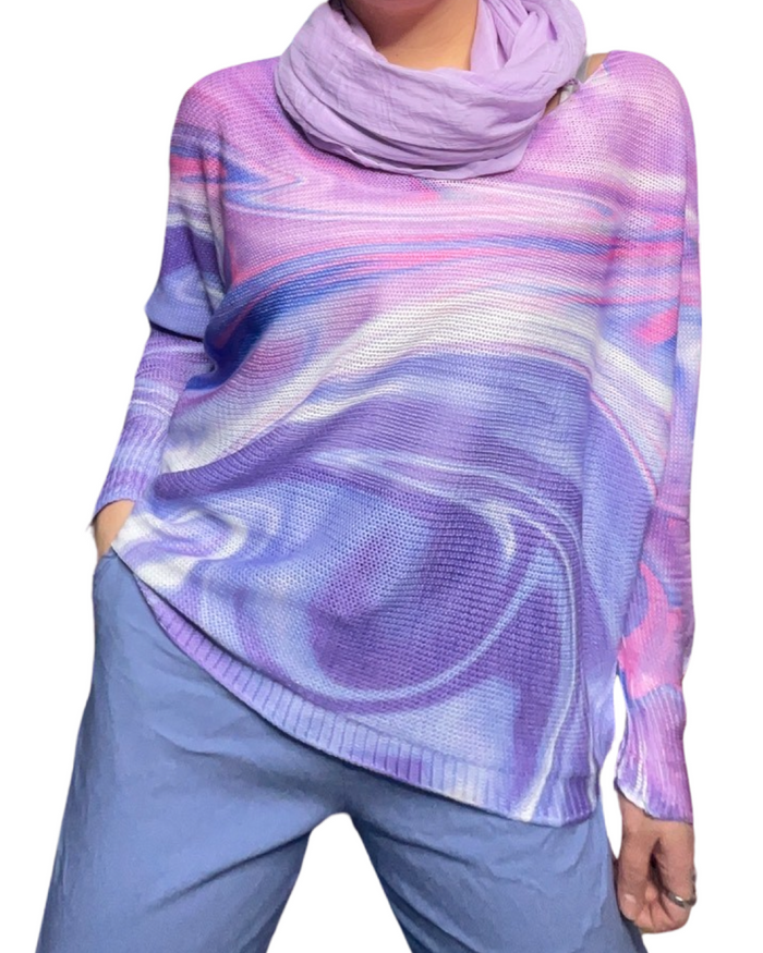 Chandail femme à manche longue avec imprimé abstrait mauve et lilas avec foulard et pantalons bleu 