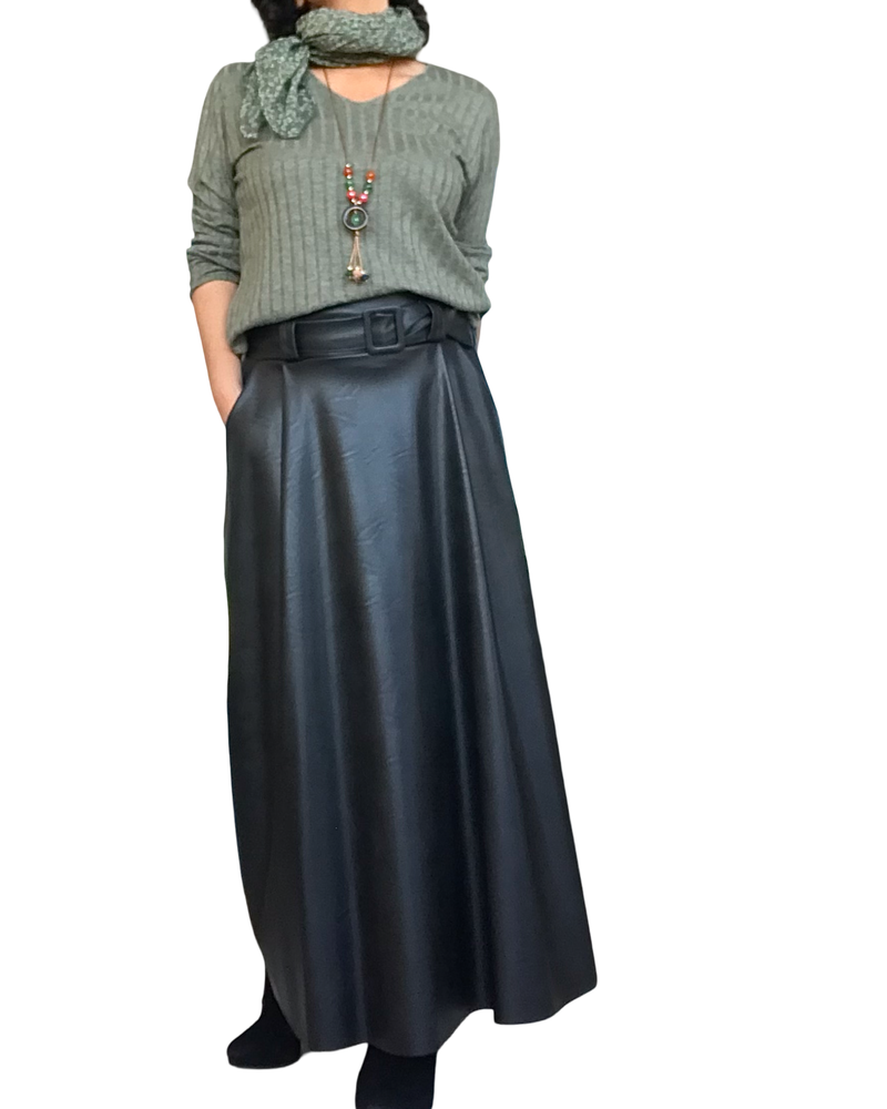 Chandail uni kaki en rib col en V manche longue