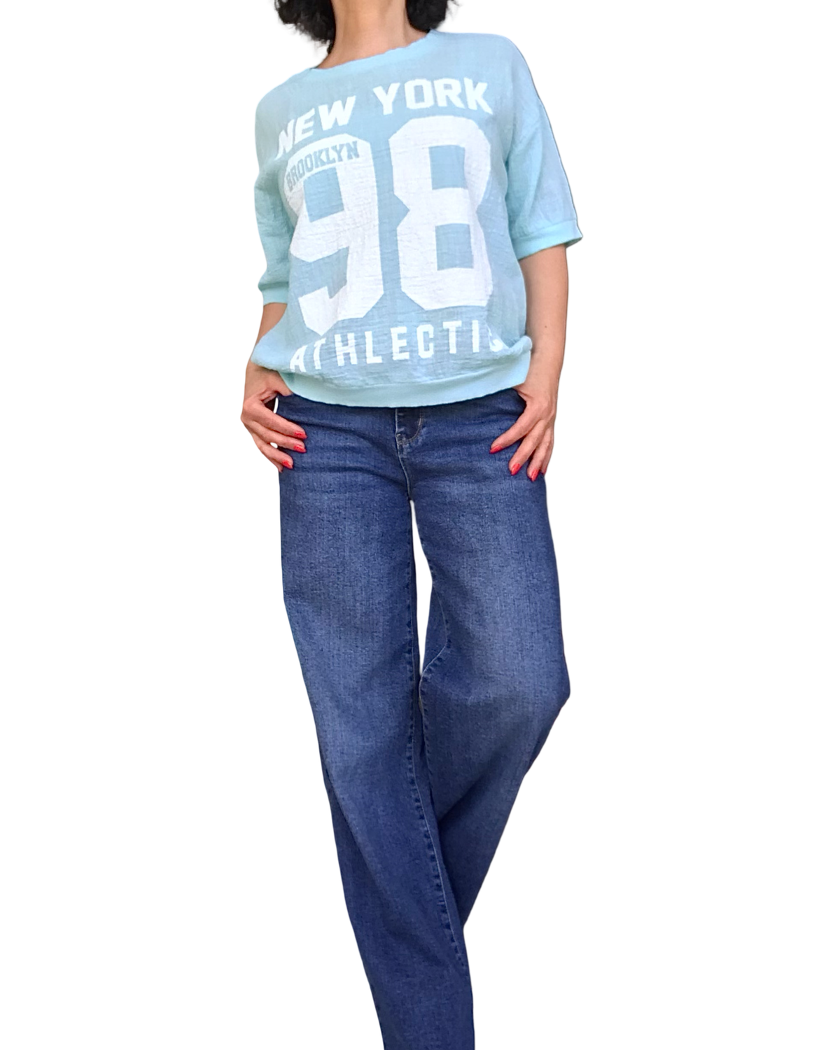 T-shirt uni aqua manche courte col rond « 98 New York»