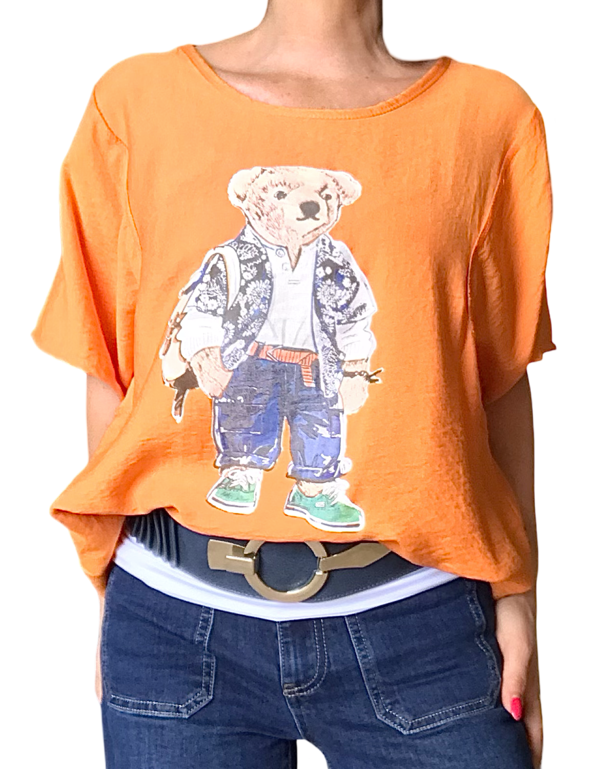 T-shirt ourson col rond orange avec camisole gainante, blanche et ceinture large Marine, large en similicuir 