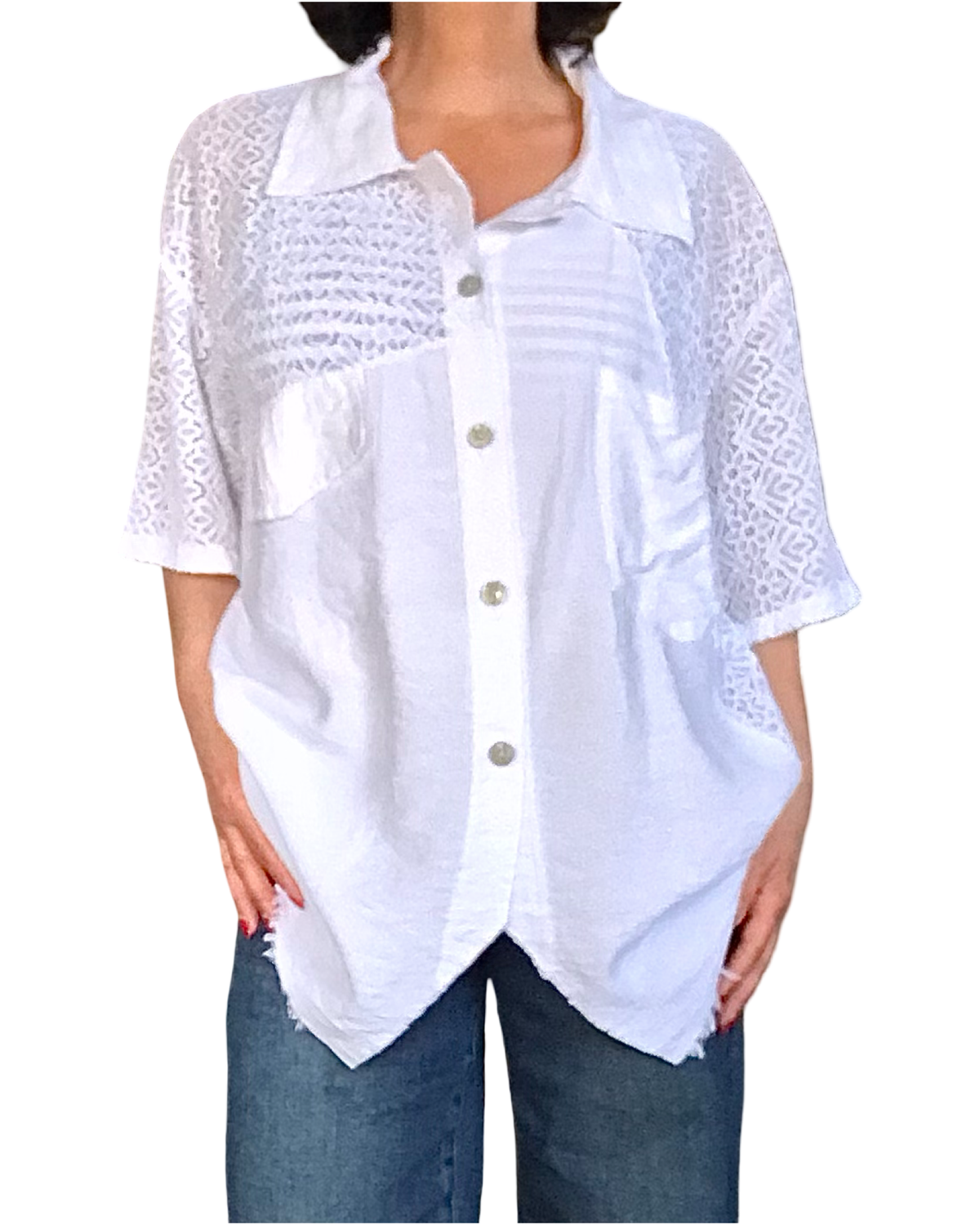 Chemise blanche unie à manche courte en dentelle, col chemise