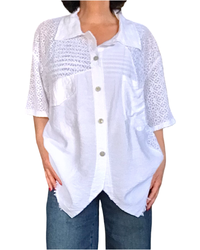 Chemise blanche unie à manche courte en dentelle, col chemise