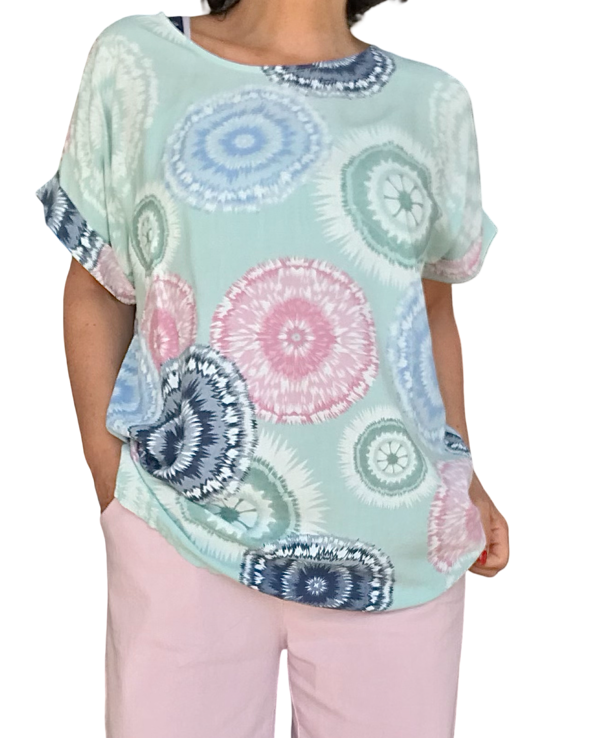Blouse aqua à manches courtes avec grosses pastilles marine, rose, bleu ciel