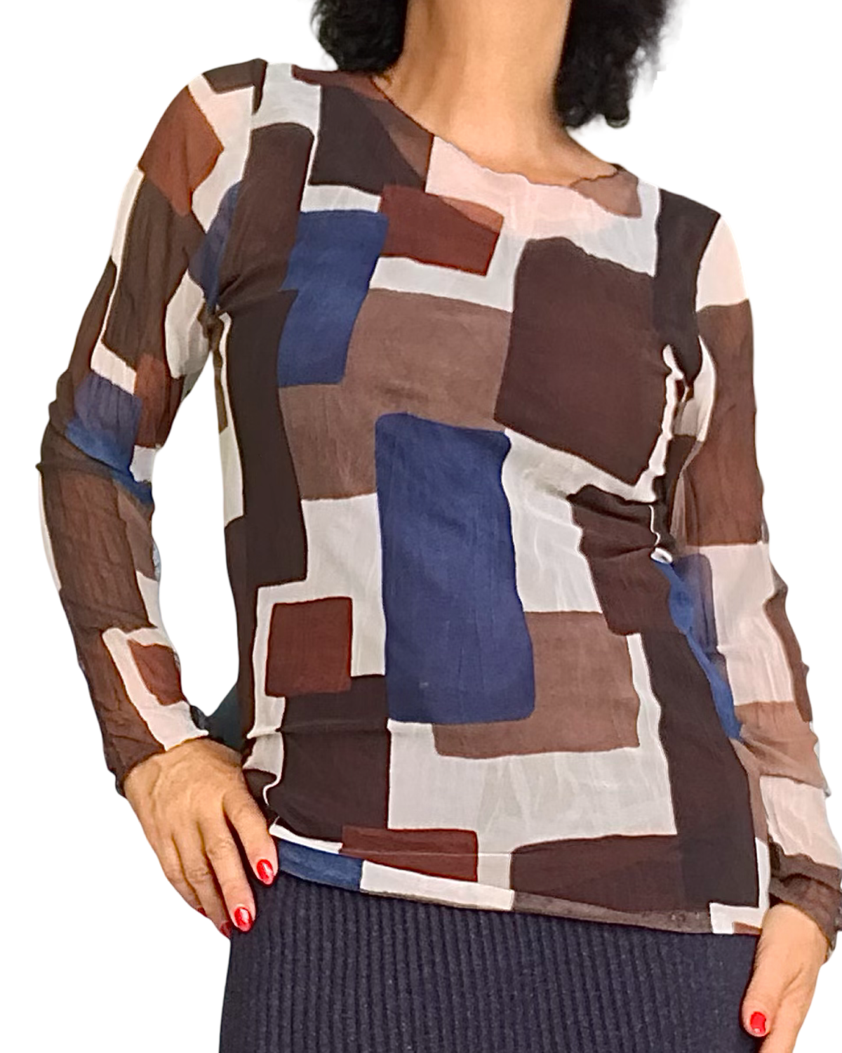Chandail à manches longues en voile à motifs rectangulaires indigo,beige, brun et noisette