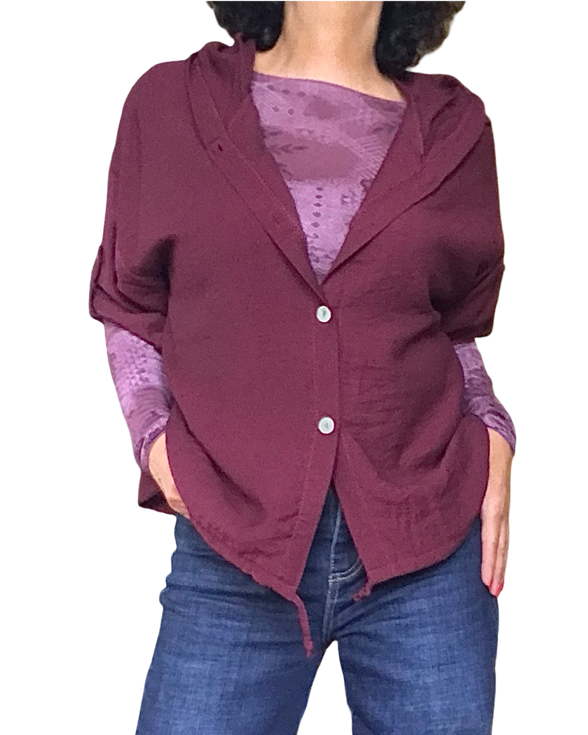 Chemise bourgogne manche 3/4 avec capuchon et cordon au bas