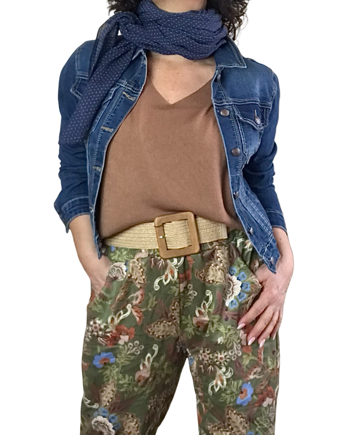 Chandail uni cognac, col en V manche 3/4