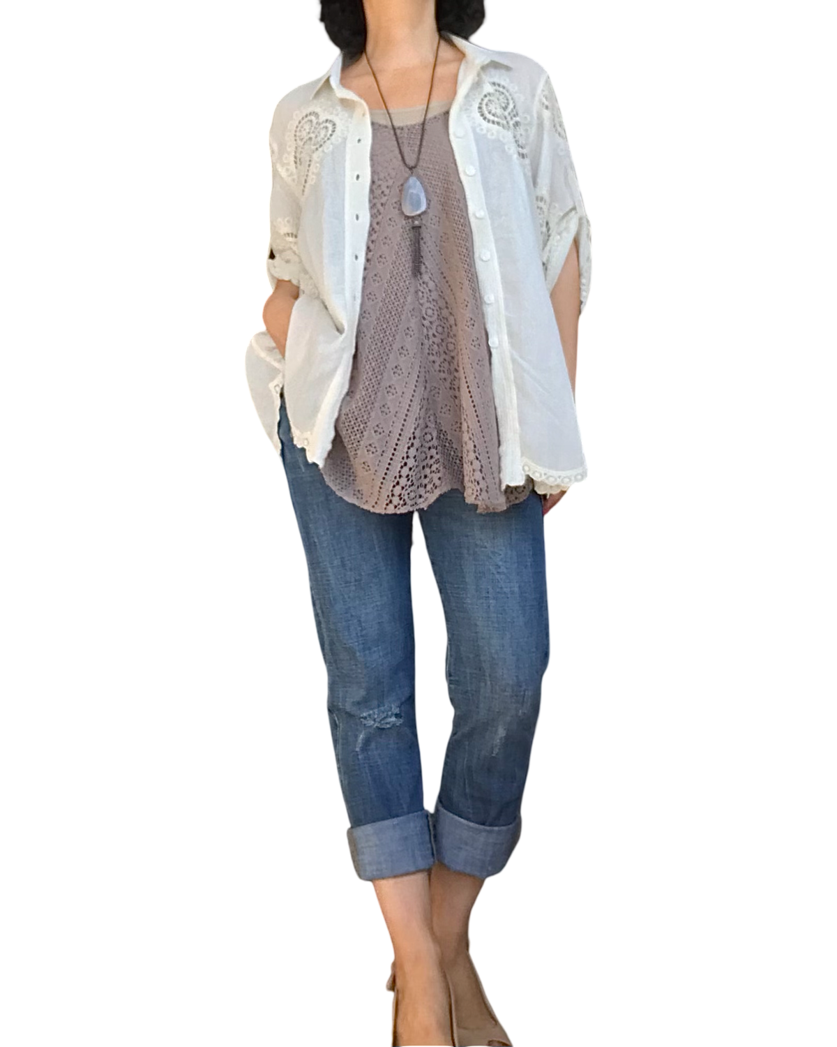 Chemise off white 3/4 avec dentelle délicate