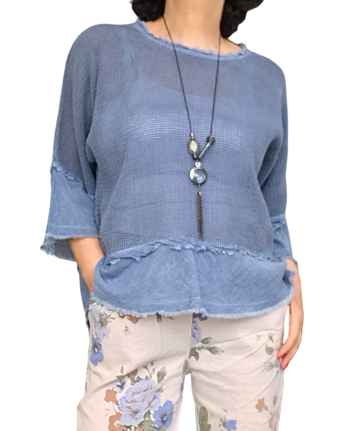 T-shirt bleu jeans en filet, col rond, manche courte