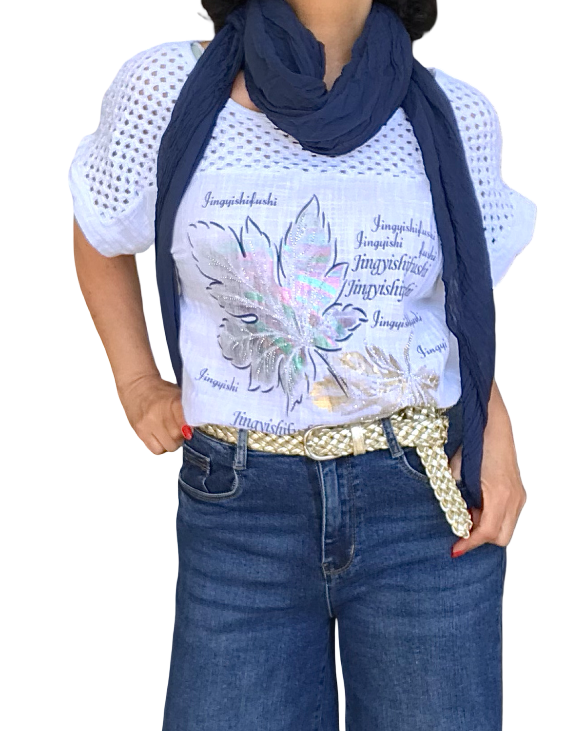 T-shirt blanc avec dessin de feuilles, garni d’une bande en crochet dans le haut