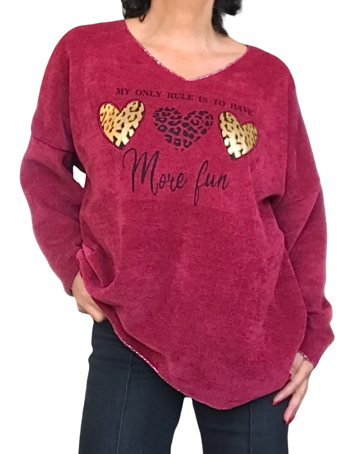 Chandail rouge vin col en V en velours chenille avec 3 cœurs