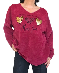 Chandail rouge vin col en V en velours chenille avec 3 cœurs