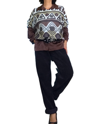Chandail imprimé géométriques crème, noir, kaki et brun