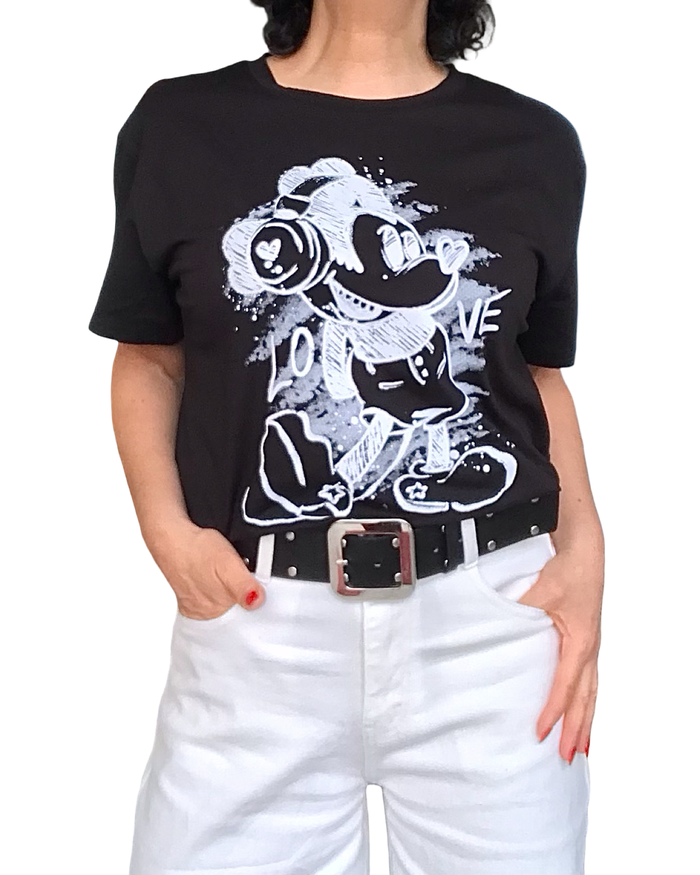 T-shirt noir avec Mickey Mouse en blanc